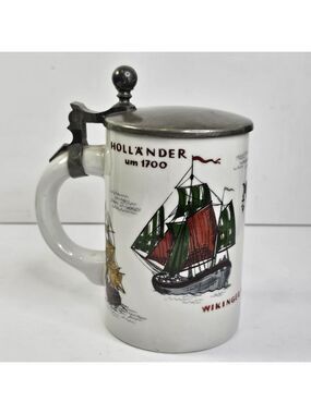 Vintage Dresden German Lidded Beer Stein Nautical Ships Hollander Kogge Wikinger